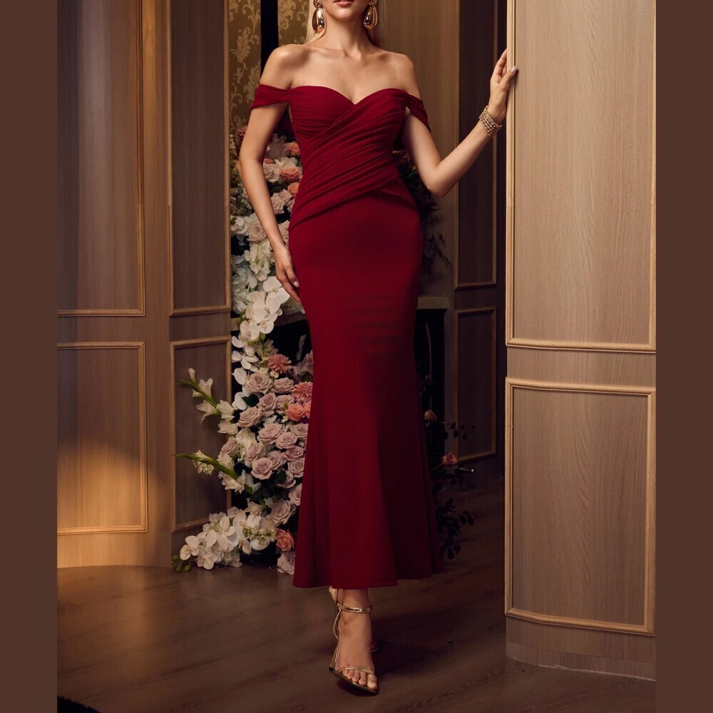 Burgundy Ruched Off Shoulder Sweetheart Mermaid Maxi Prom Dress Gown